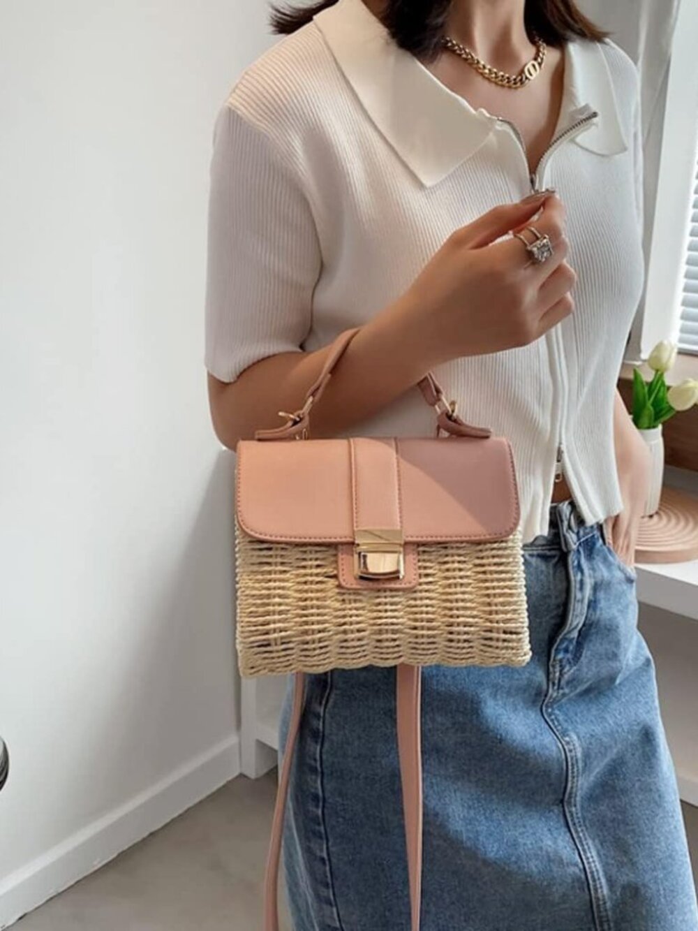 Small Straw Crossbody Bags for Women, Rattan Woven Top Handle Handbag Summer Bea - Picture 2 of 8